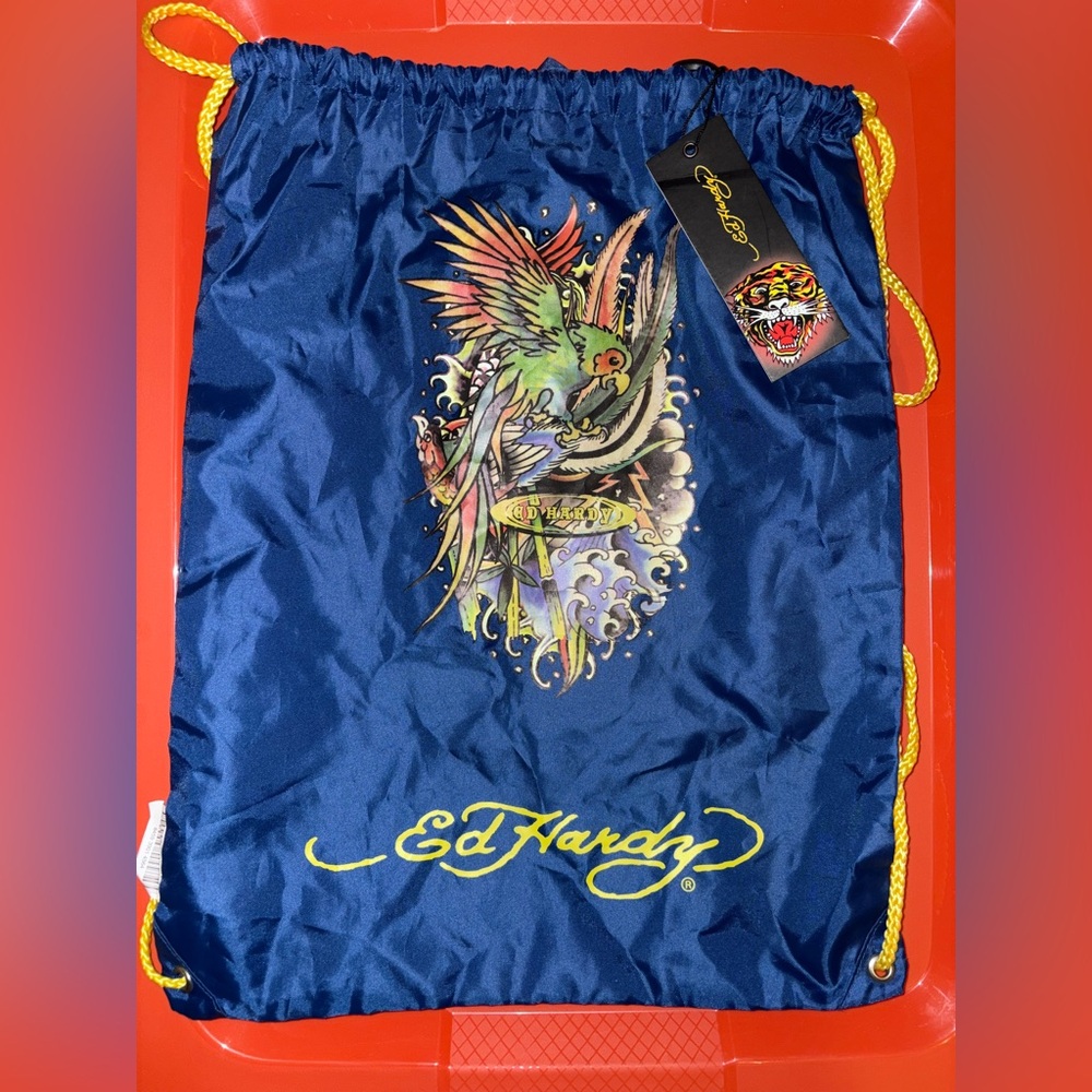 Ed Hardy Navy Bag with Parrot and Yellow Accents